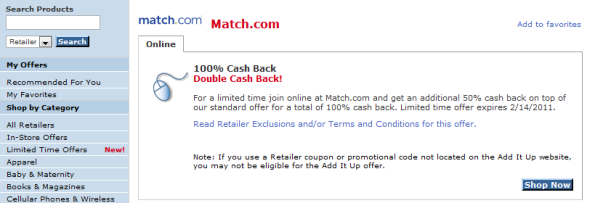 Bank of America Screen Shot showing Match.com returns 100%